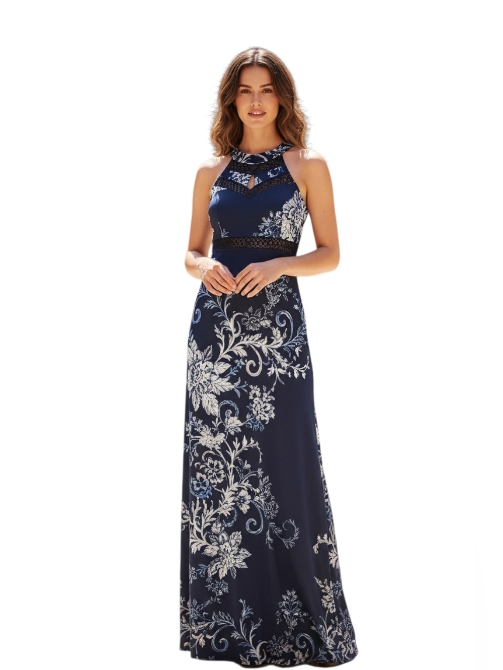 Emerald Sundae Navy & White Floral Halter Maxi Dress Size Large